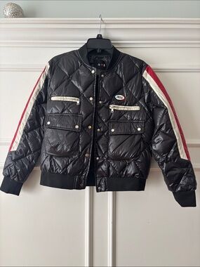 Quilted Black Bomber Jacket with Red & White Stripe